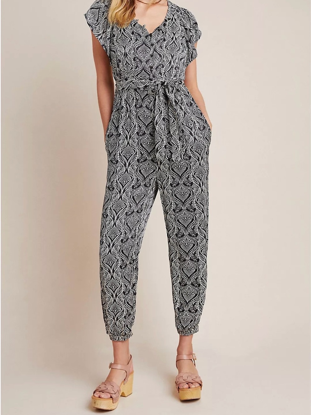 Anthropologie Black & White Paisley Print V-Neck Jumpsuit - Picture 1 of 10